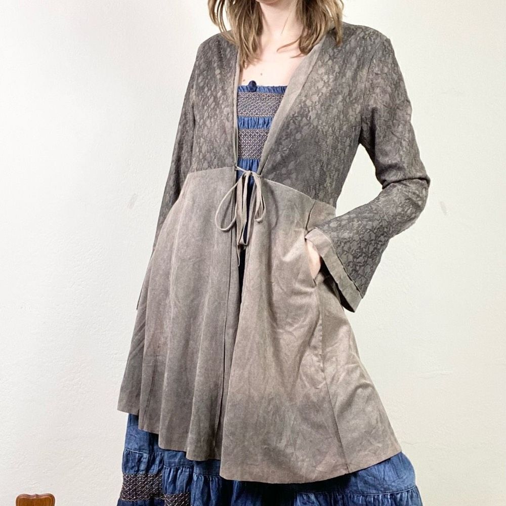 Vocal Grey Brown Faux Suede & Lace Bell Sleeve Ruffled Cardigan Jacket Size S